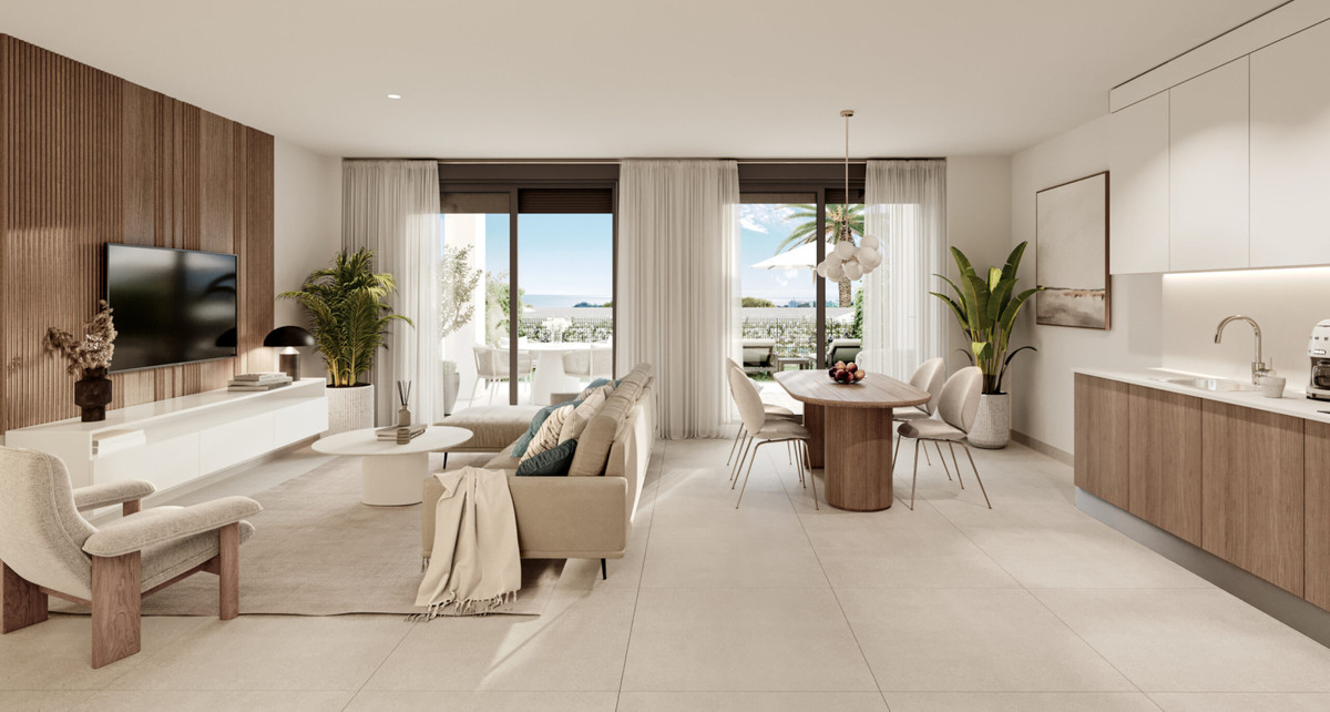 Symphony Suites II – Cancelada - Offener Wohn-, Ess- und Küchenbereich mit Meerblick und Terrassenzugang