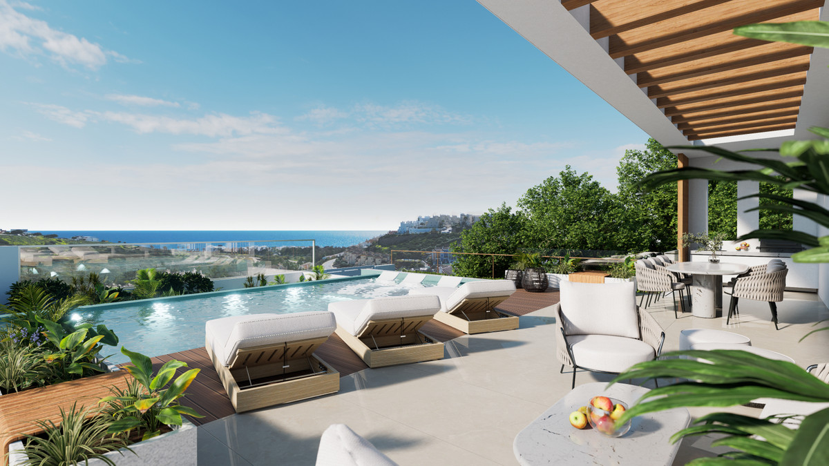 Tailor Made Villa in Casares – Casares - dakterras met overloopzwembad, zeezicht, ligstoelen en buiteneethoek