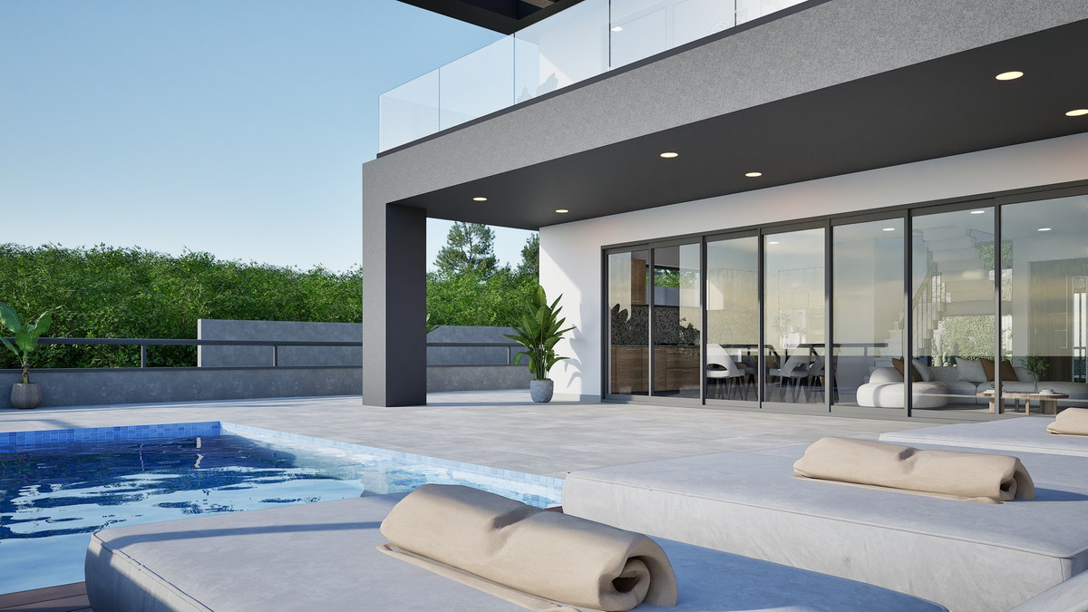 The Line Villa – Torremolinos - zwembadterras met ligbedden, overdekte buitenlounge en glazen woonkamer