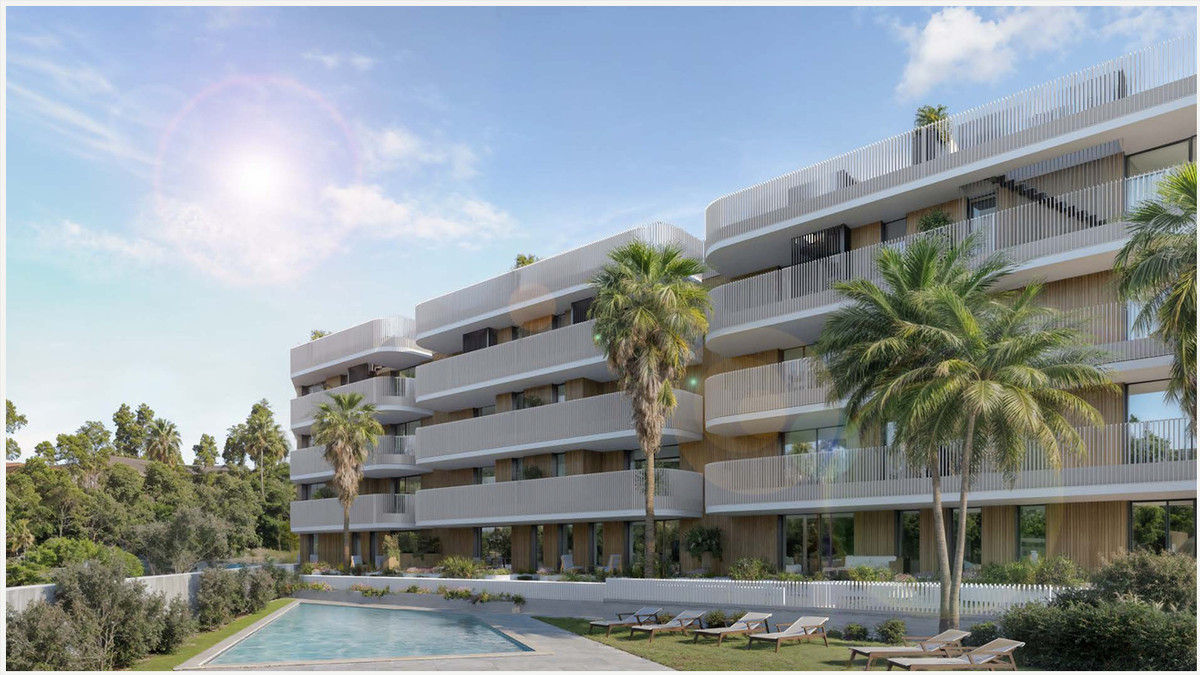 The Oak 48 – Estepona - modern luxury apartment complex exterior with pool, palm trees and wraparound balconies