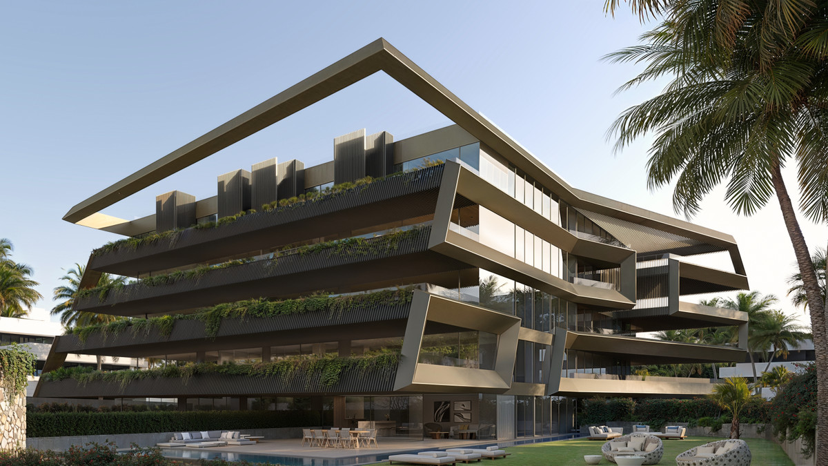 The Privilege – Estepona - moderne meerdere verdiepingen tellende buitenkant met groene terrassen, zwembad en tuin