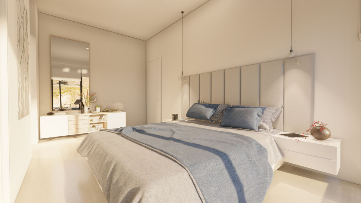 Top Views – Benalmadena - luxury master bedroom with upholstered headboard, blue bedding and pendant lighting
