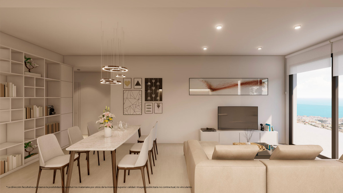 Top Views – Benalmadena - open-plan living and dining room with sea views and modern pendant lighting