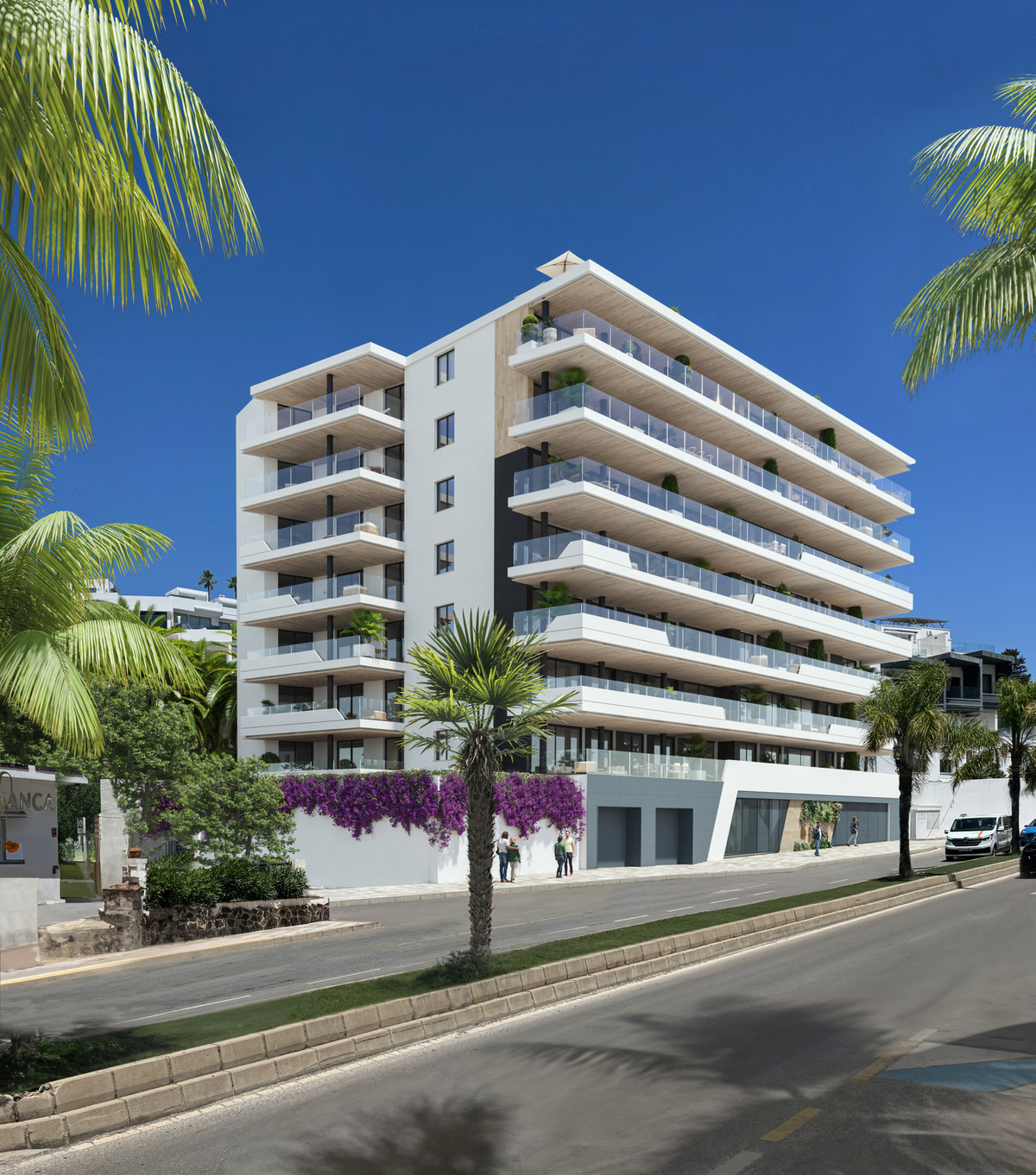 Torre Biznaga – Fuengirola - modern white luxury apartment building exterior with glass balconies and bougainvillea, Costa del Sol