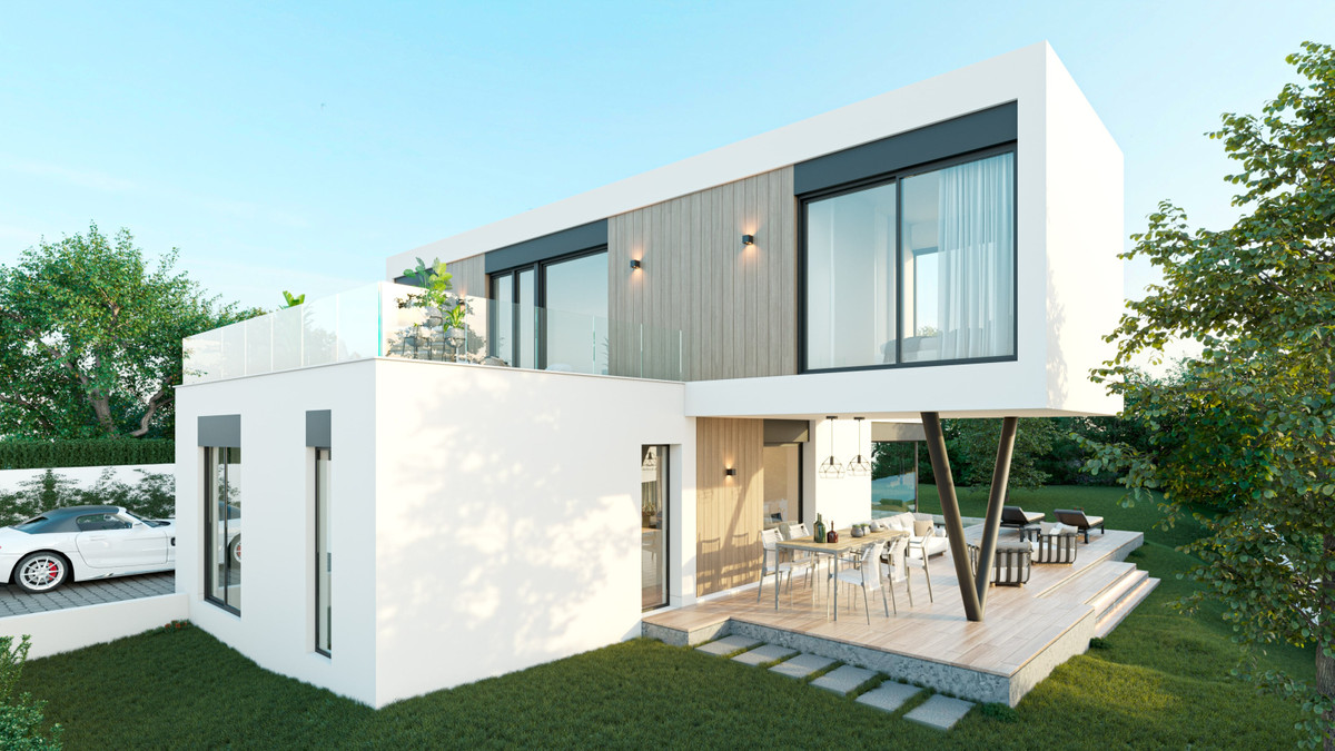 Villa Aitana – Mijas - modern two-storey white exterior with timber cladding, large glazed facade and covered outdoor dining terrace