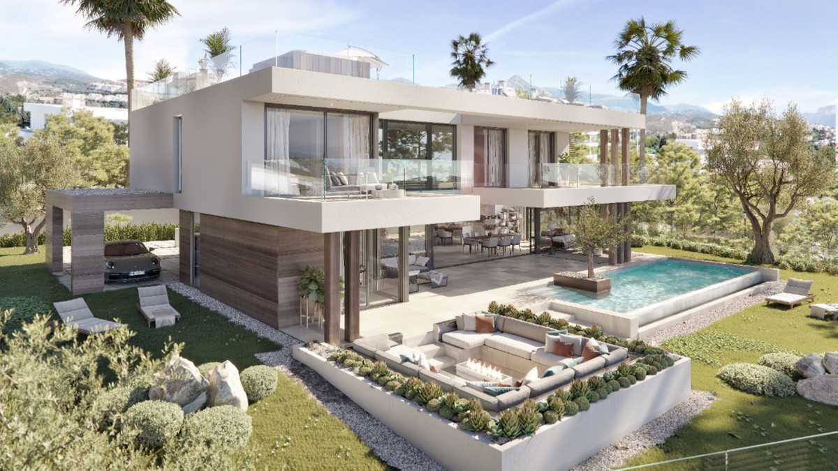 VILLA AZAHAR Peak – Benahavís - moderne luxevilla exterieur met zwembad, verzonken lounge terras en bergzicht