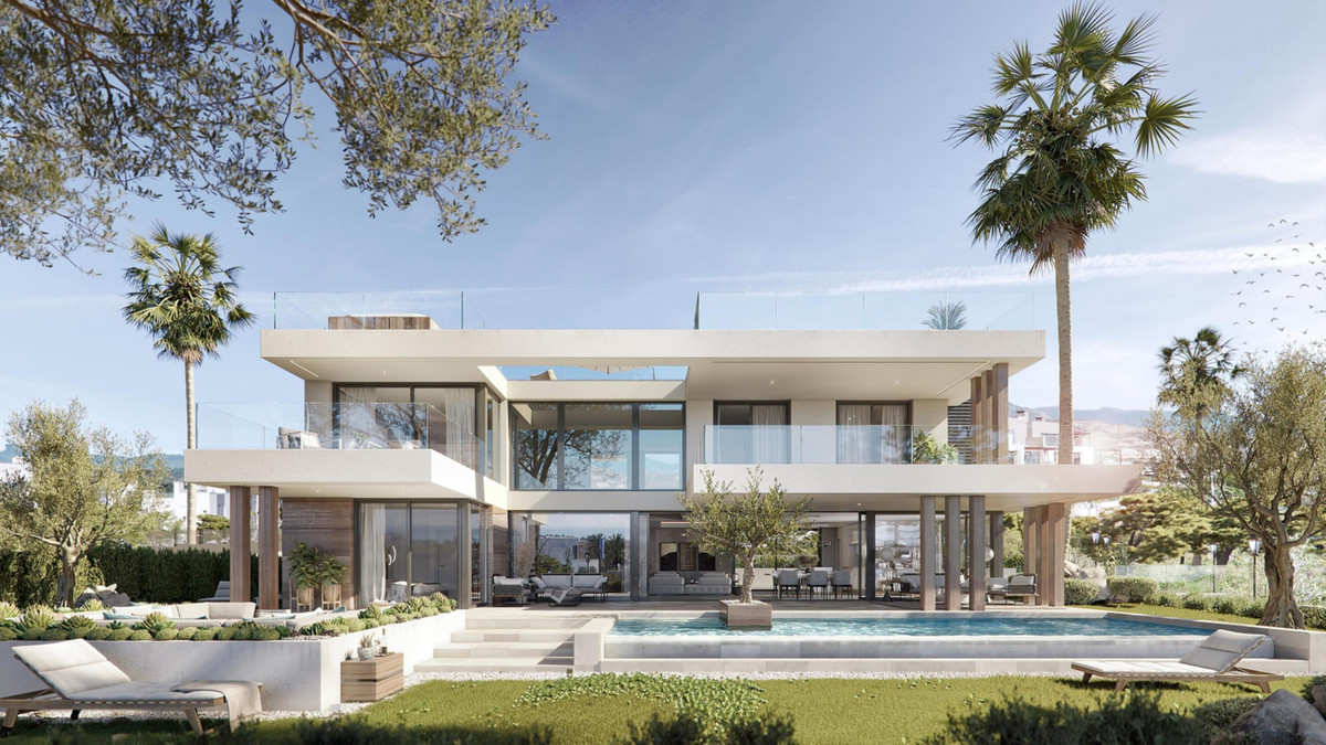 VILLA AZAHAR Selwo – Estepona - modern luxury villa exterior with pool, landscaped garden and palm trees