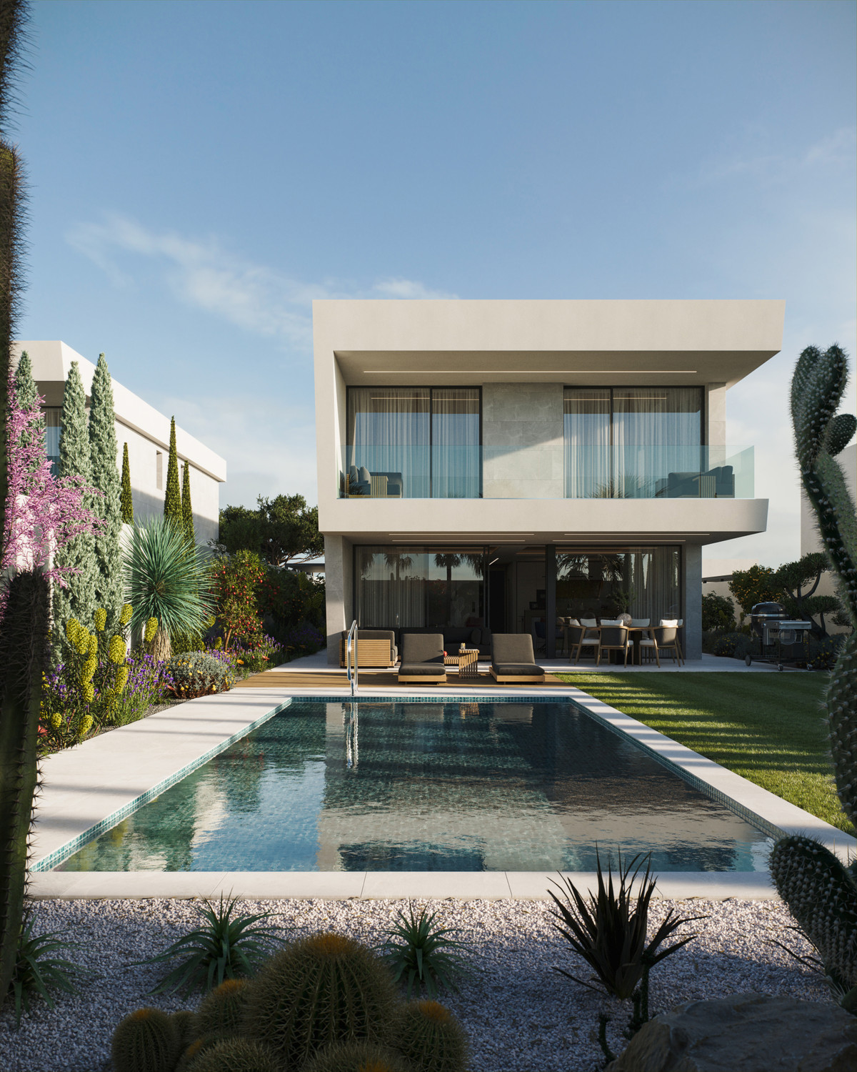 Villa B San Pedro – San Pedro de Alcántara - modern white two-storey villa with rectangular pool, cactus garden and outdoor lounge terrace