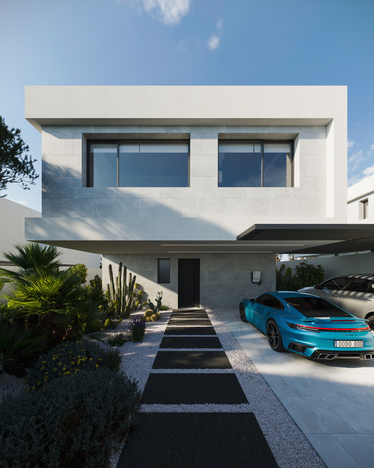 Villa B San Pedro – San Pedro de Alcántara - modern white exterior facade with blue Porsche 911 in covered carport and desert landscaping