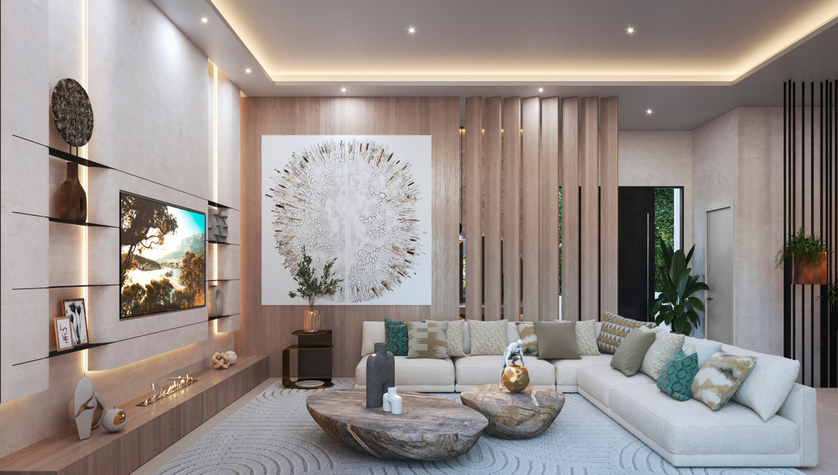 Villa Casia – Nueva Andalucía - luxe woonkamer met crème hoekbank, natuurlijke houten wandpanelen en organische stenen salontafels