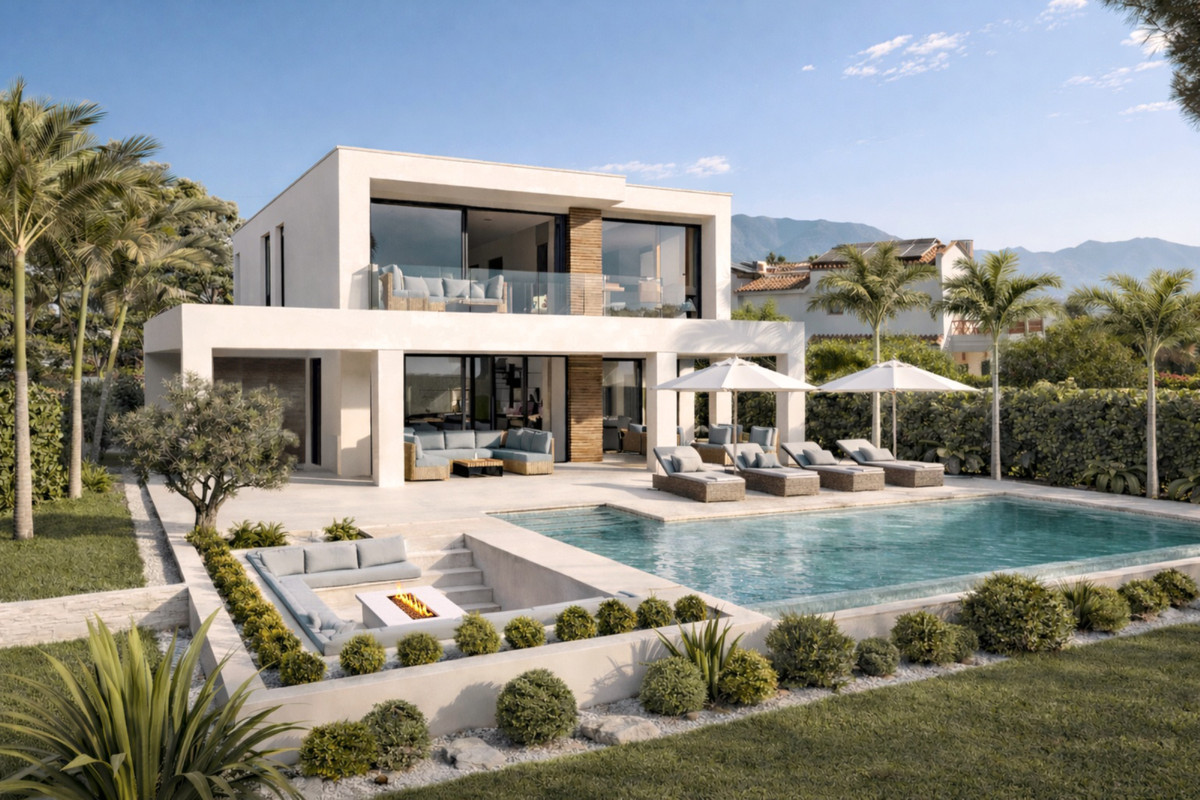 Villa Entrelagos I – La Cala Golf - modern white villa exterior with pool, sun loungers, sunken fire pit seating area and landscaped garden