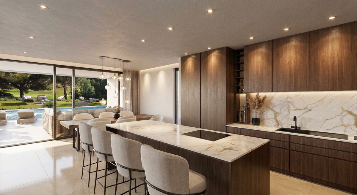 Villa Entrelagos I – La Cala Golf - open-plan kitchen and dining area with marble island and dark wood cabinetry