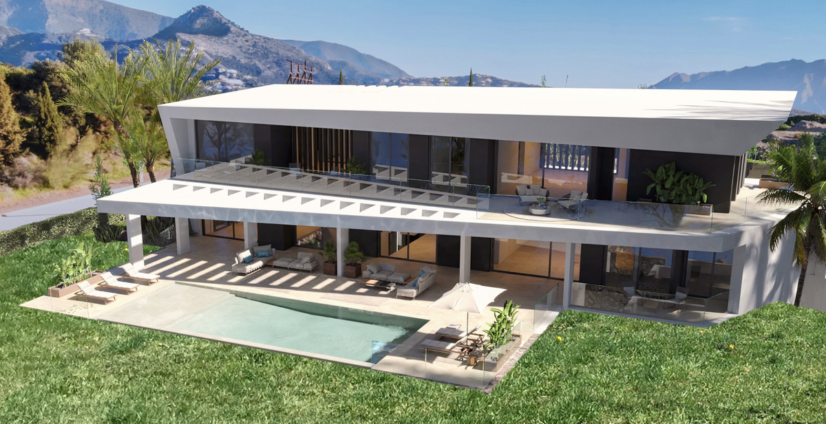 Villa Liria – Guadalmina Baja - modern two-storey luxury villa exterior with infinity pool, terraces and mountain backdrop
