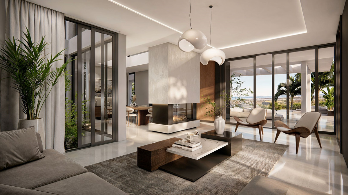 Villa Liria – Guadalmina Baja - open-plan living room with double-sided fireplace, designer pendant light and floor-to-ceiling glazing