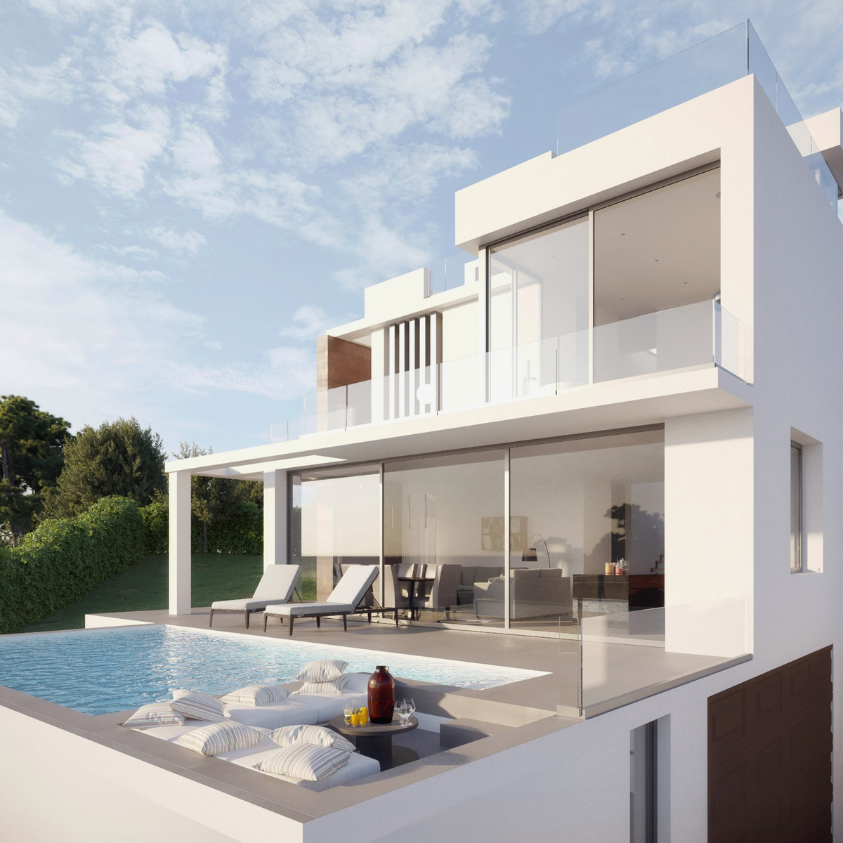 Villa Molino – Estepona - modern two-storey white villa exterior with private pool, sun terrace, and floor-to-ceiling glass sliding doors