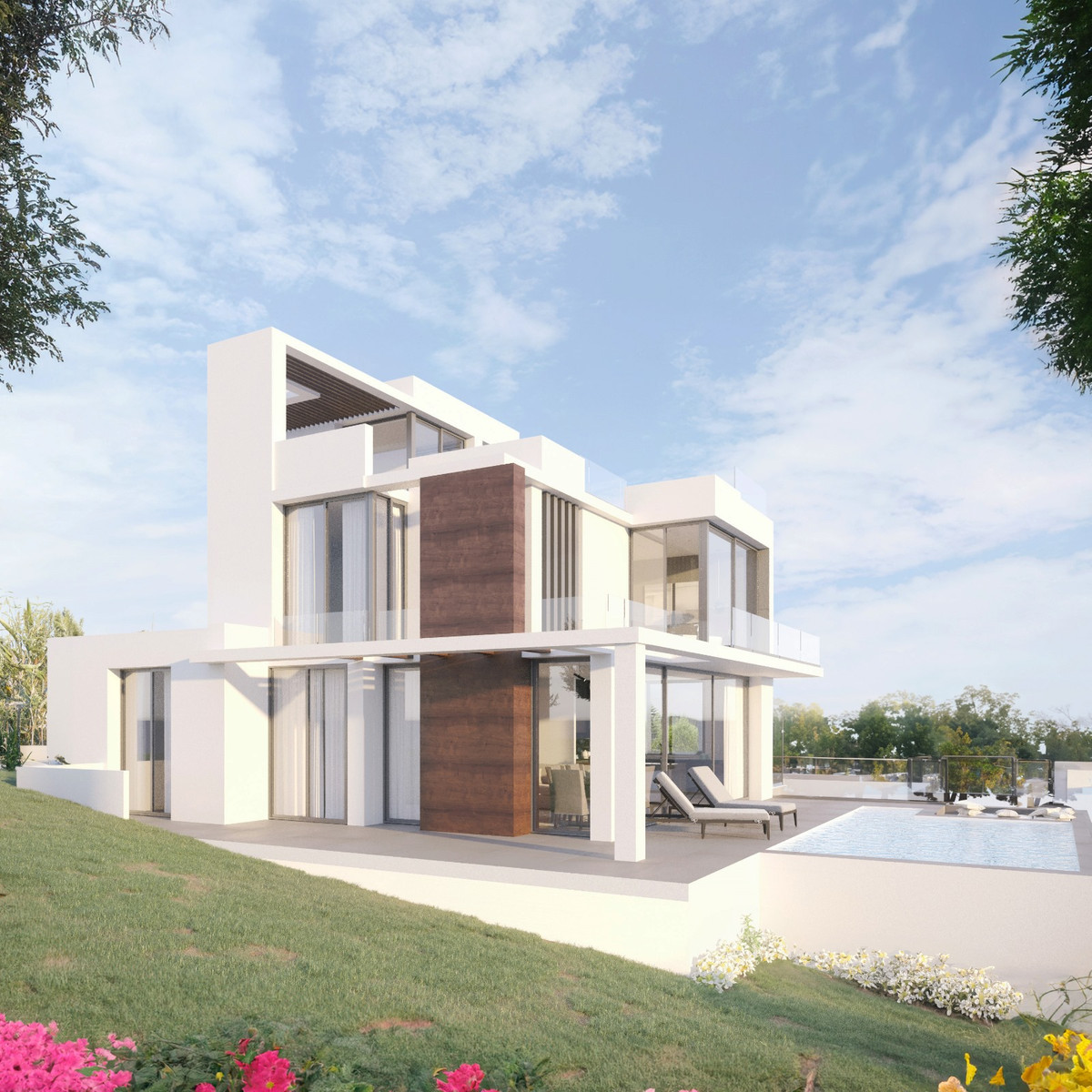 Villa Molino – Estepona - modern white exterior facade with wood accents, pool, terrace and landscaped garden