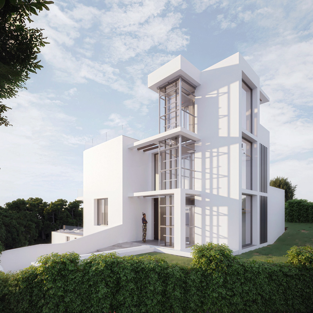 Villa Molino – Estepona - modern white three-storey exterior facade with floor-to-ceiling glazing and lush garden landscaping