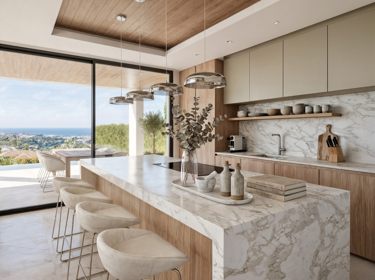 VILLA SELENE Cortesín – Casares - luxury marble kitchen island with sea views and pendant lighting