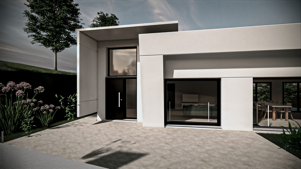 Villa Sunshine – Sotogrande Costa - modern white exterior facade with large sliding glass doors and landscaped garden
