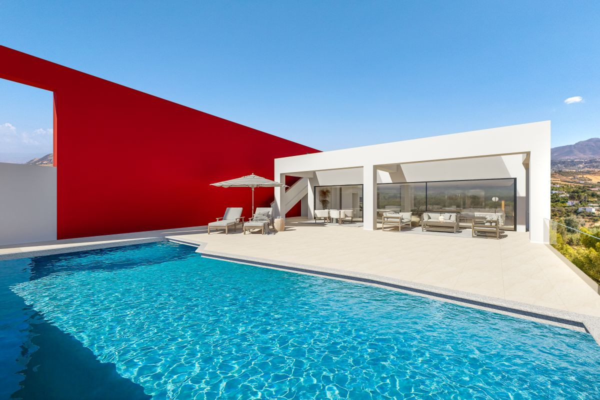 Vista Del Rey EVIDENT – Alhaurín el Grande - moderne poolterrasse med rød accentvæg og panoramaudsigt over bjergene
