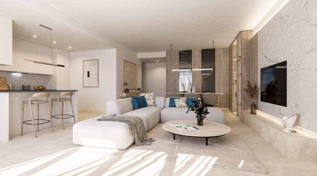 Zenith Estepona – Estepona - lichte open woonkamer met witte hoekbank, marmeren accentmuur en keukenbar in nieuwbouw