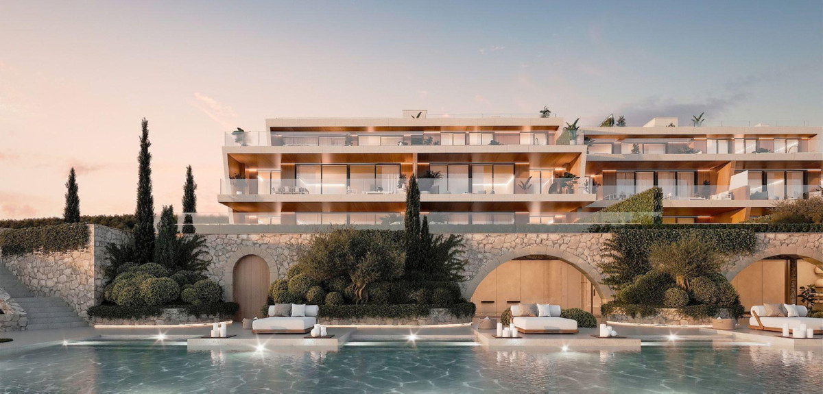 Amenábar Cortesín – Casares - luxe nieuwbouw exterieur met infinity pool, stenen bogen en gelaagde terrassen bij zonsondergang
