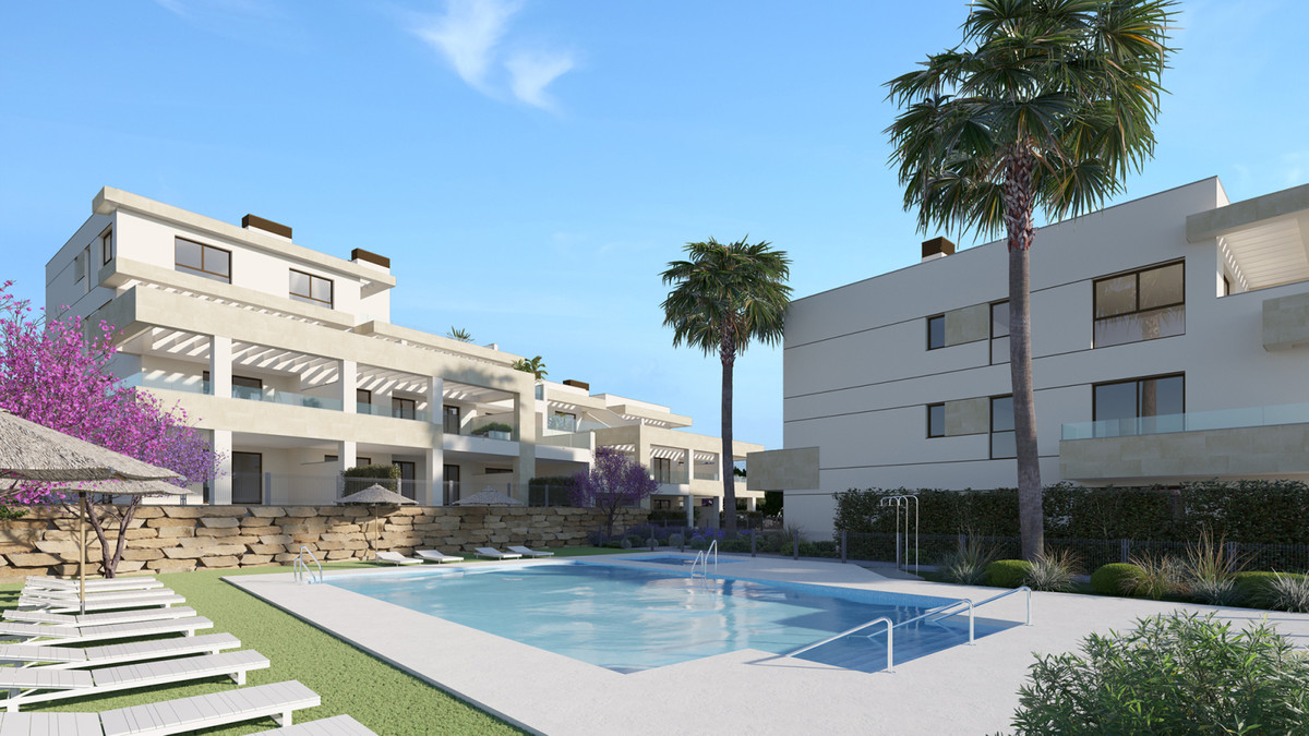 Bayside Homes – Estepona - moderne boligkompleks med fælles pool, solterrasse, palmer og landskabspleje