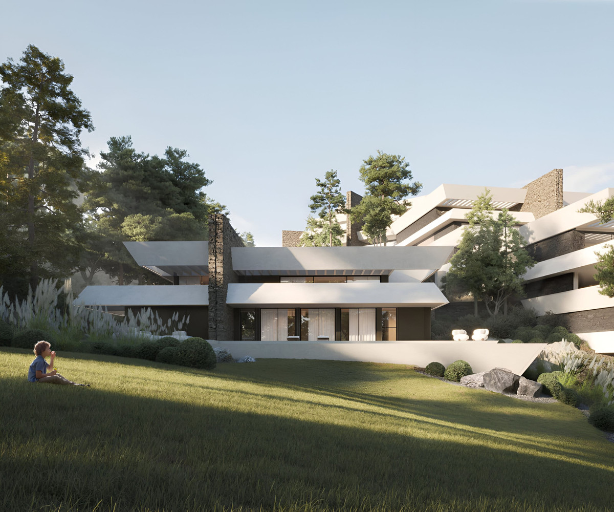 Mosher Collection – Benalmadena - moderne flerniveaus facade med hvide vandrette terrasser, stenaccenter og anlagt have