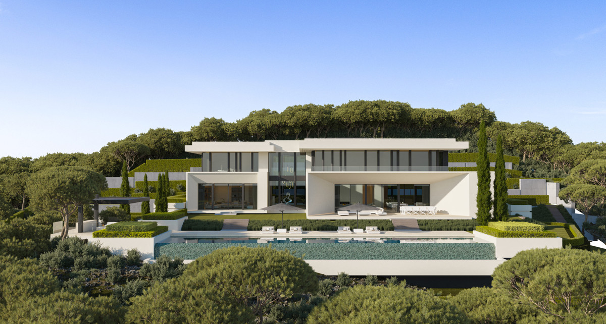 El Bosque II – Villa Stonehaven – Benahavís - moderne luxe villa exterieur met overloopzwembad, verzorgde tuinen en bosachtergrond