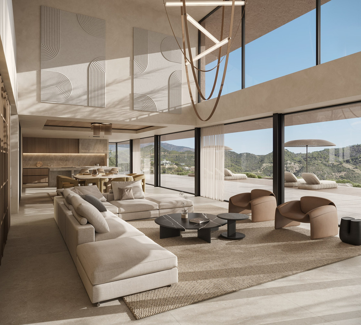 Villa Isola – Benahavís - open woonkamer met crème hoekbank, bronzen kroonluchter en panoramisch bergzicht door vloer-tot-plafond beglazing