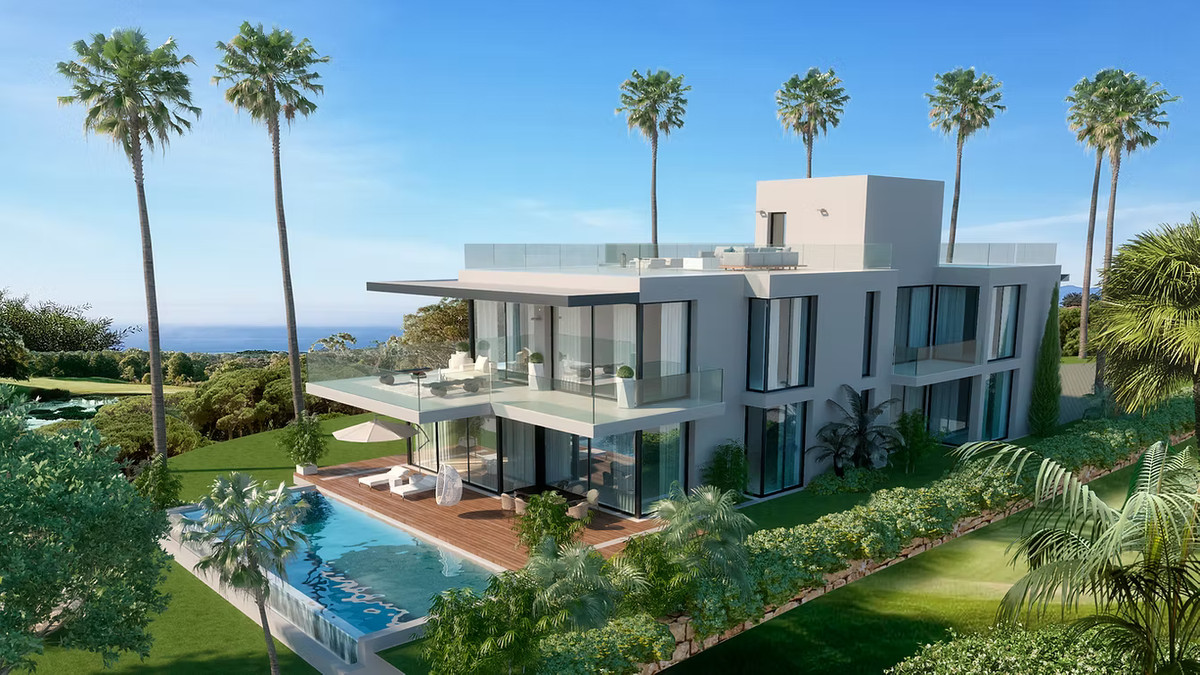 Cabopino Gardens – Villa 8 – Cabopino - moderne luxevilla exterieur met zwembad, houten terras, glazen balkons en zeezicht