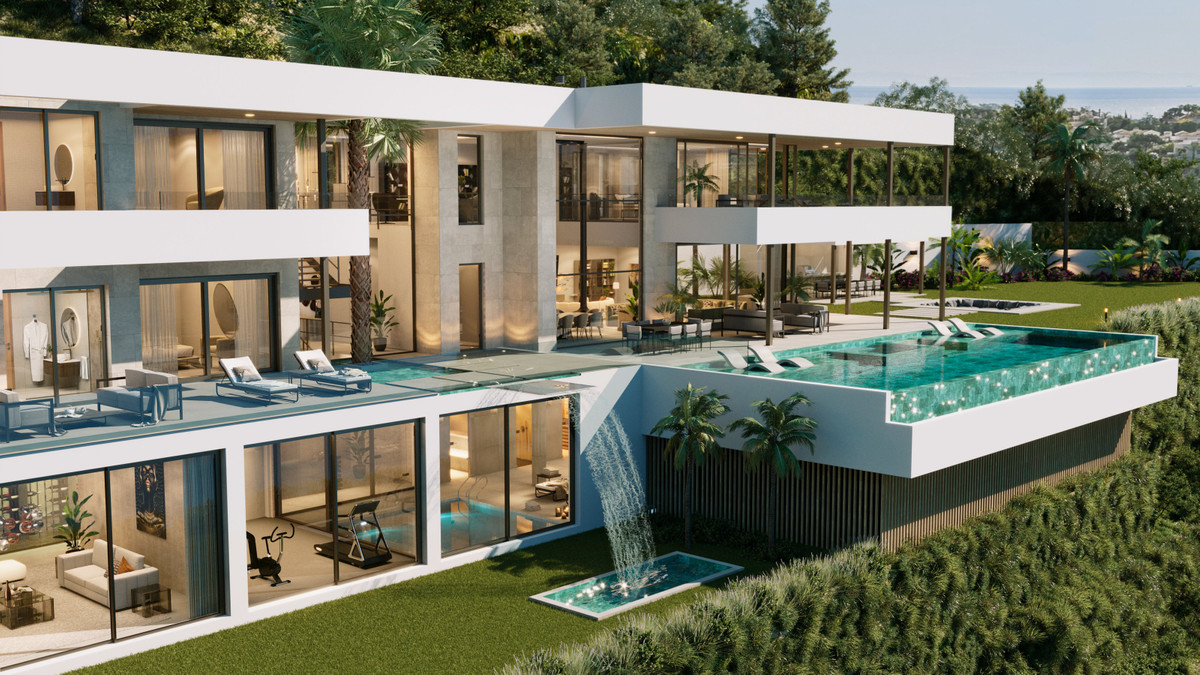 Madroñal View – Villa Hope – El Madroñal - luxury modern villa exterior with infinity pool, waterfall feature, terraces and lush garden