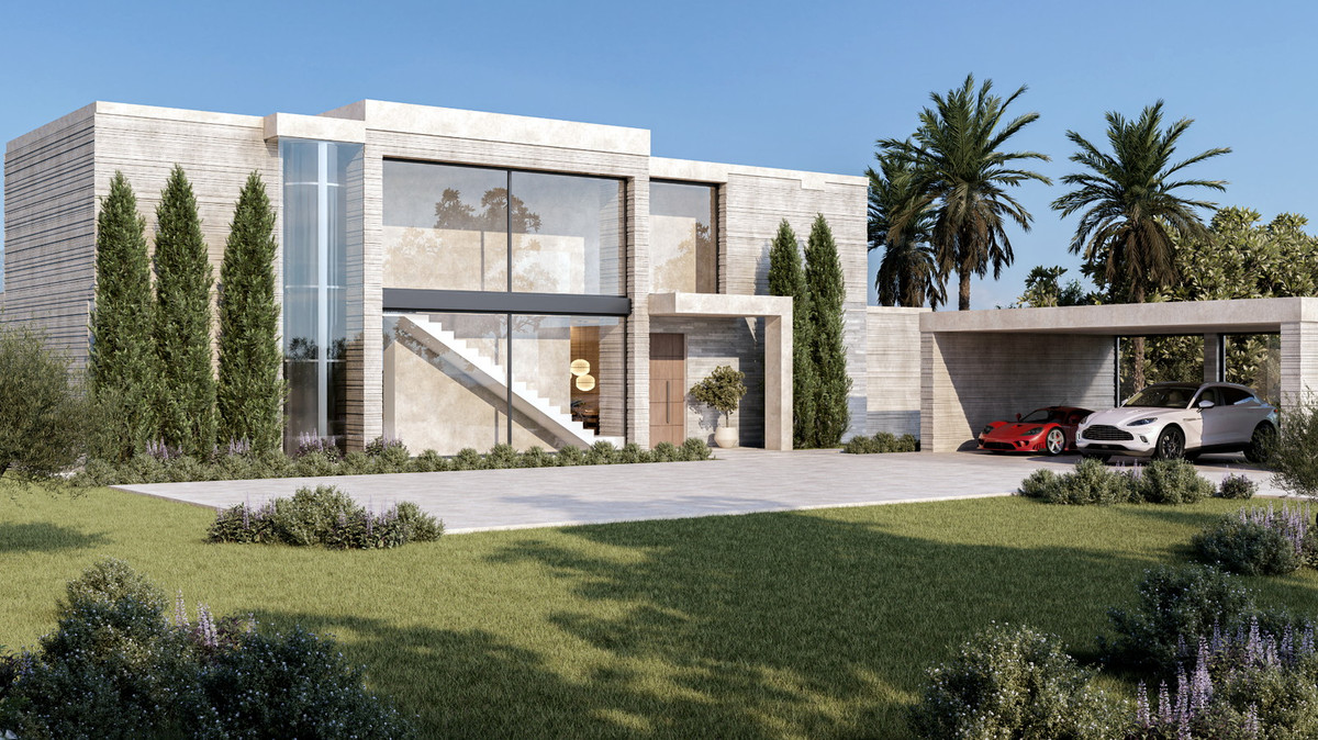 Stupa – Villa Yang – Los Flamingos - moderne luxe villa exterieur met vloer-tot-plafond beglazing, carport en aangelegde tuin, Los Flamingos, Málaga