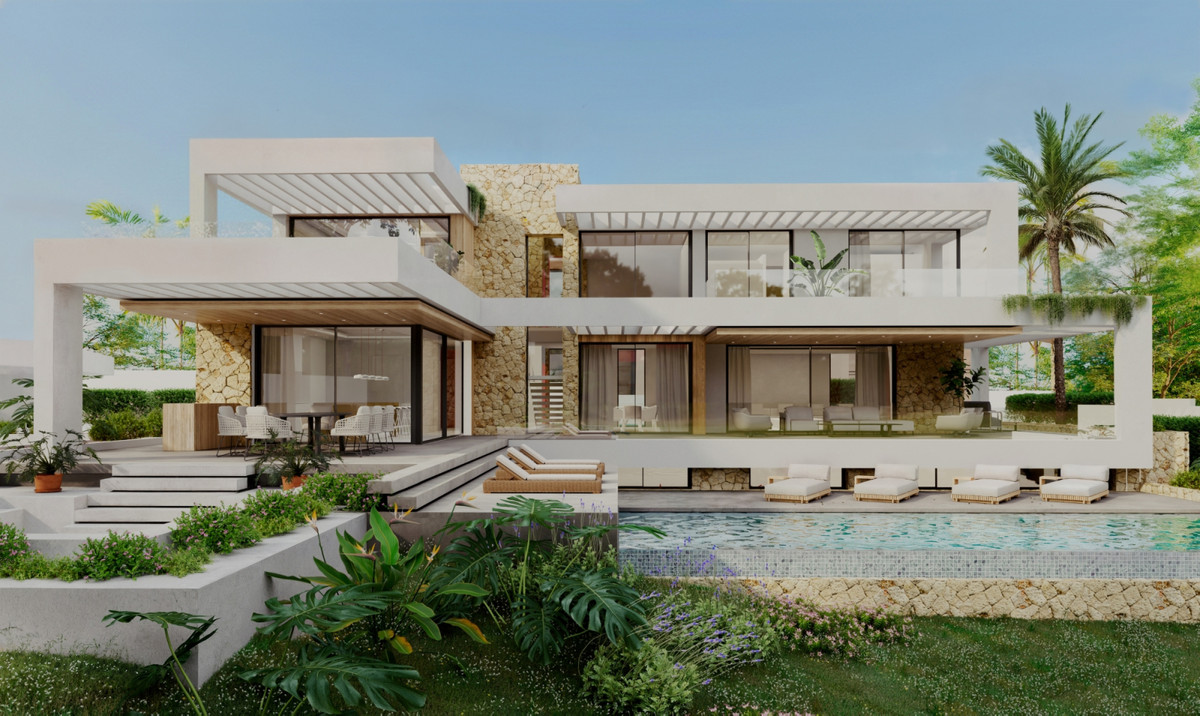 Villa Selene Luxe – Los Flamingos - Modernes Luxusvillen-Exterieur mit Pool, Sonnenliegen und tropischem Garten