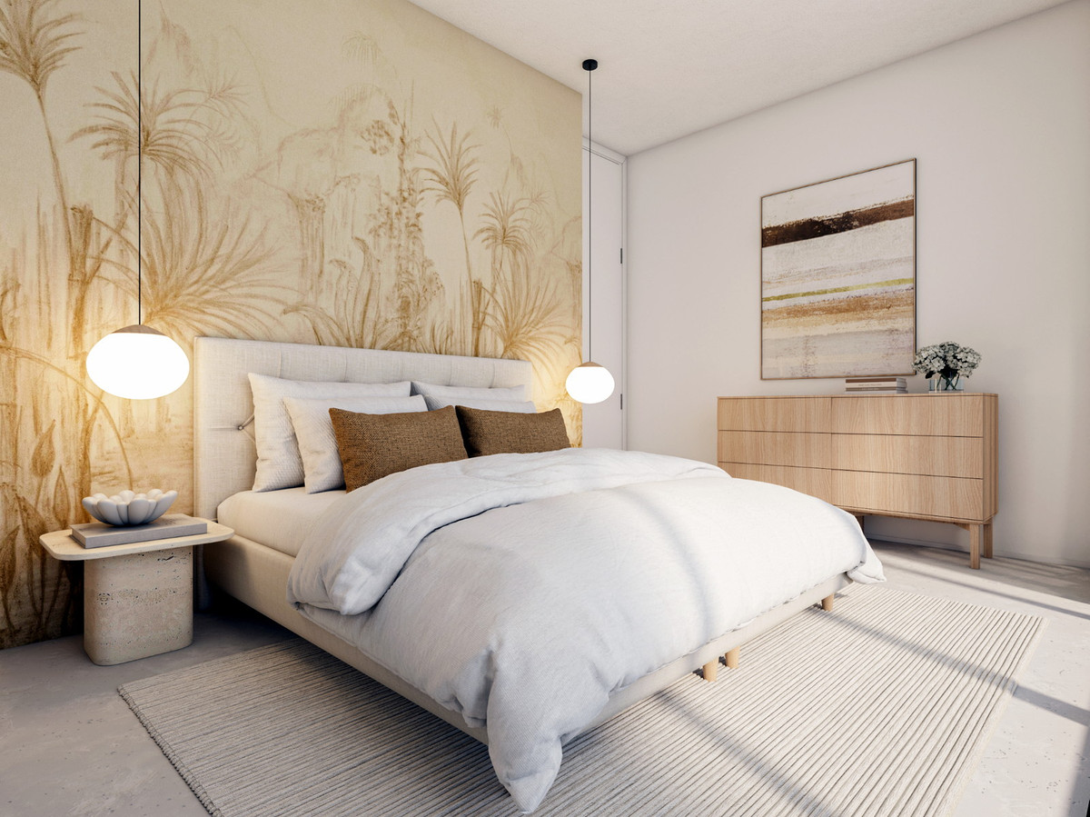 Stupa – Villa Yang – Los Flamingos - luxe slaapkamer met tropisch wandmotief, gestoffeerd bed en hangende lampen
