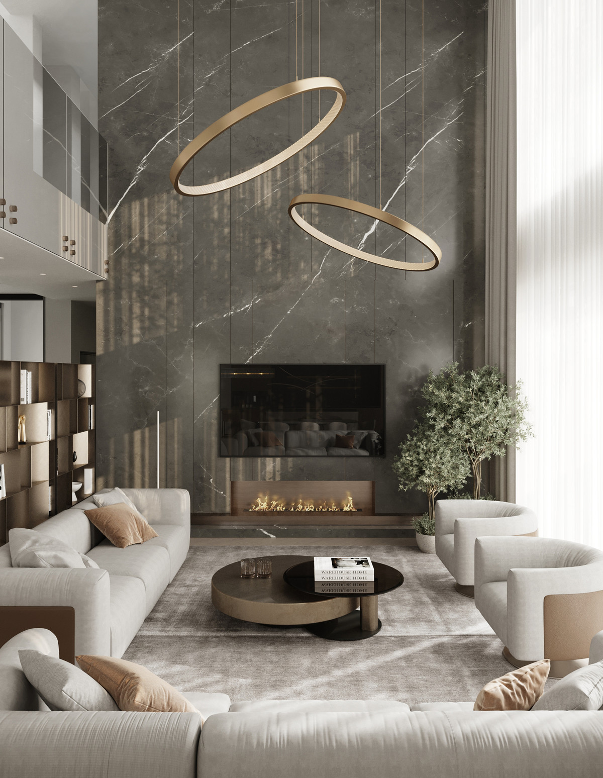 Villa Ivory – Marbella - luxe woonkamer met marmeren sierwand, gouden ringhangers en open haard