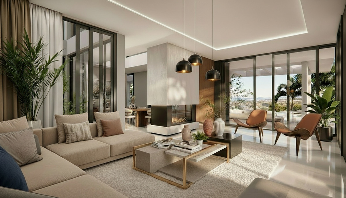 Villa Oria – Nagüeles - luxury open-plan living room with fireplace, pendant lights, and floor-to-ceiling glass doors opening to a terrace with panoramic views