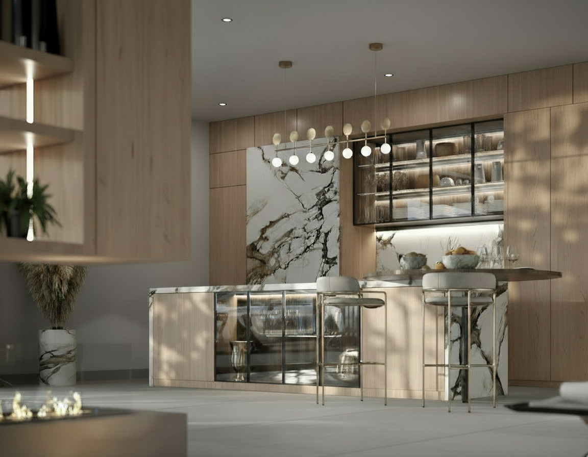Villa Oria – Nagüeles - luxury kitchen with marble island, wood cabinetry and pendant lighting