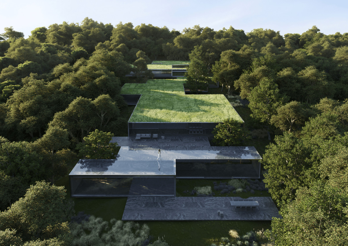 Villa OAK – San Roque - aerial view of terraced modern villa with green roofs set within dense woodland, Costa del Sol