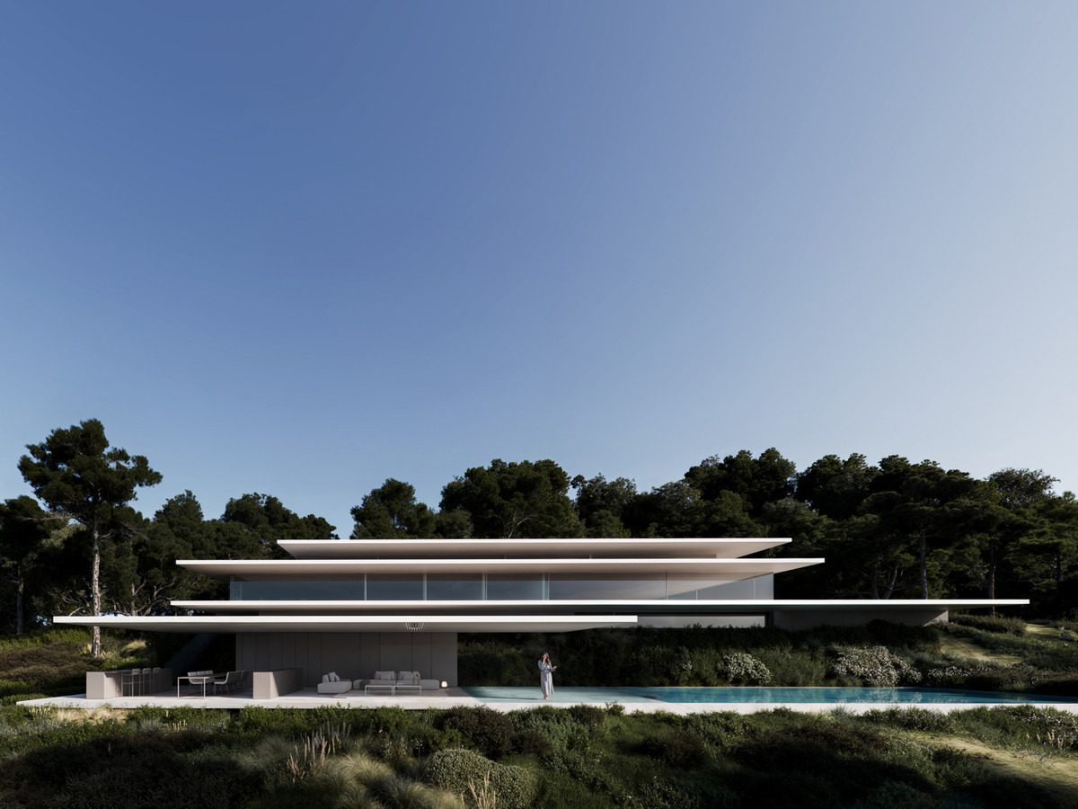Villa HALO – San Roque – minimalistische Fassade mit auskragenden Dachlinien, Infinity-Pool und bewaldeter Hanglage