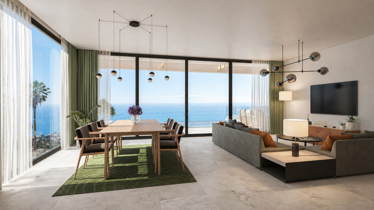 Stupa – Villa Jokang – Torremuelle - åben stue og spisestue med panoramaudsigt over havet og gulv-til-loft-glasfacade