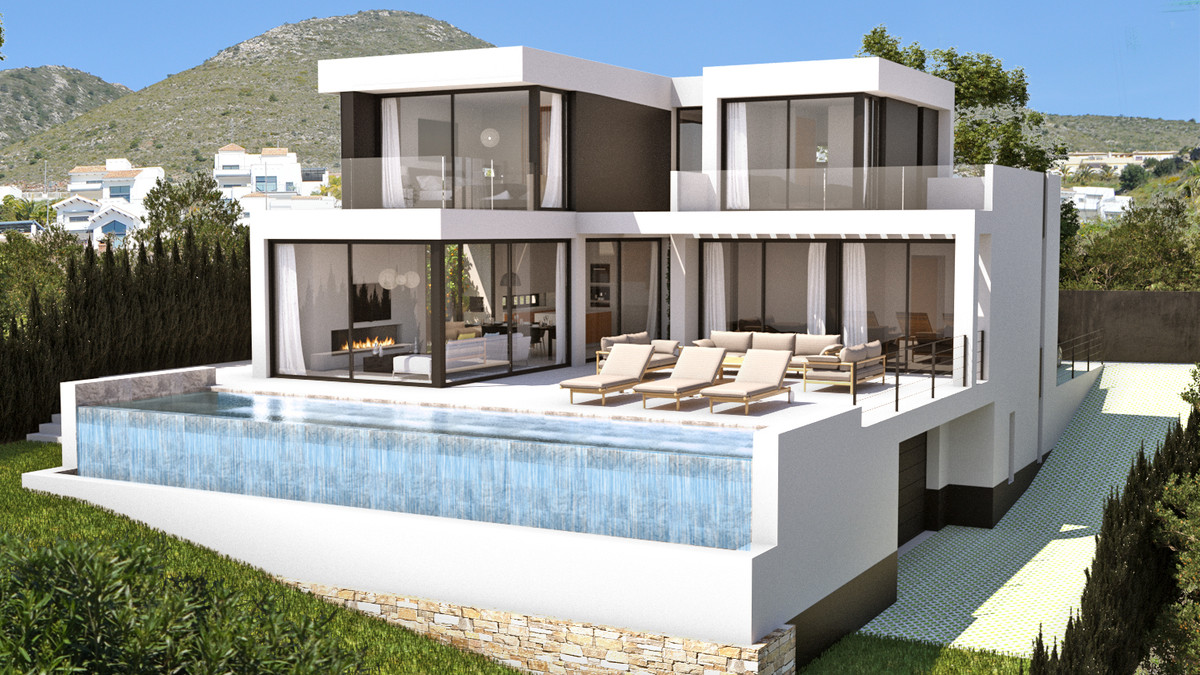 Stupa – Villa Shanti – Mijas Golf - modern wit exterieur met overloopzwembad, terras en bergpanorama