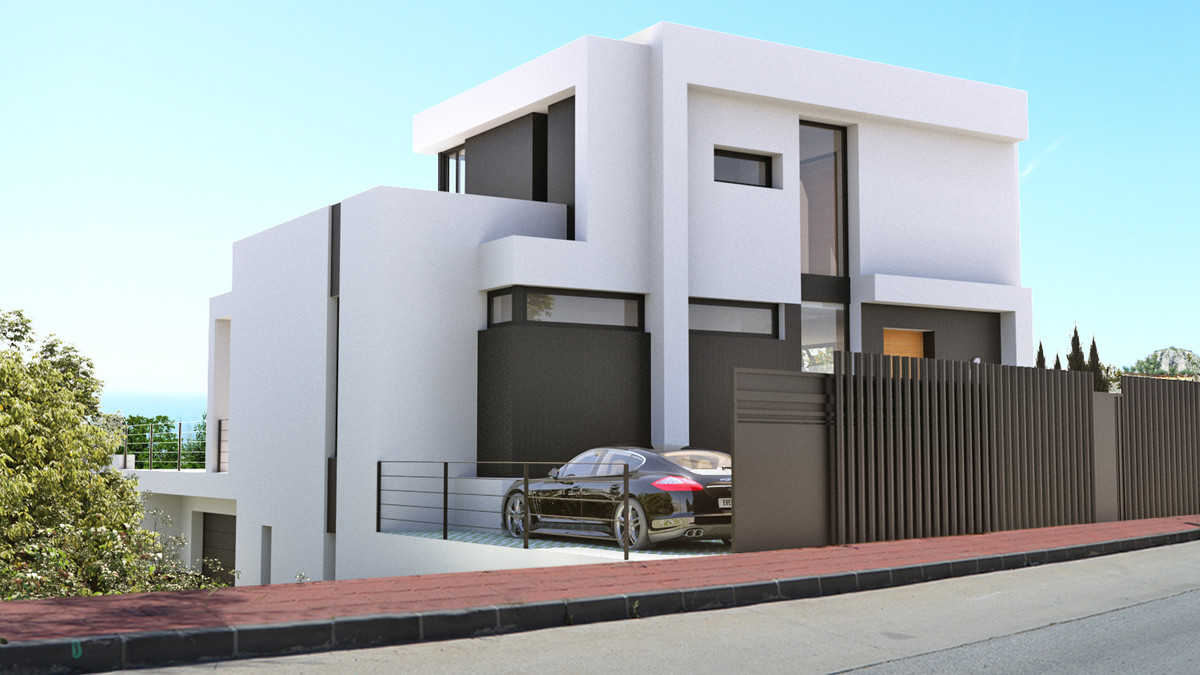 Stupa – Villa Shanti – Mijas Golf - modern wit gevel met donkere accenten, afgesloten oprit en luxe auto