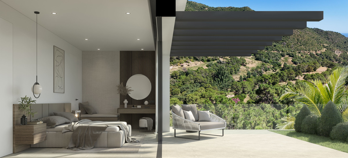 Villa Alhama – Benahavís - luksuriøst soveværelse med terasse og panoramaudsigt over bjergene