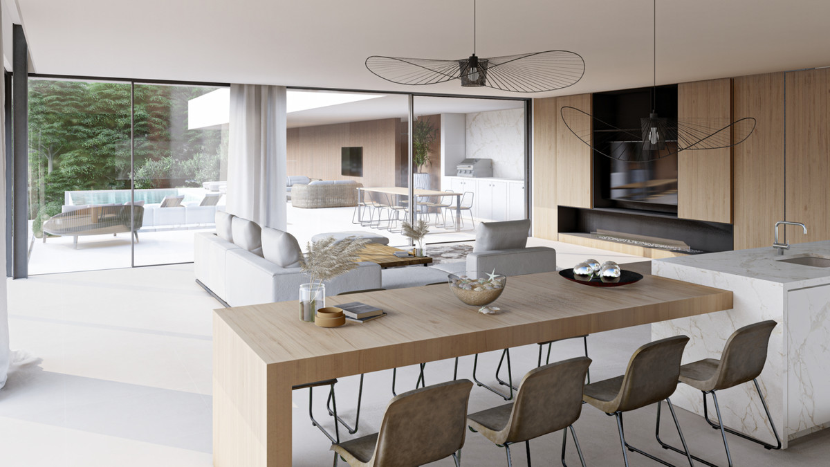 VILLA E20 – KEY READY – Benahavís - open keuken, eet- en woonruimte met vloer-tot-plafond beglazing en marmeren kookeiland
