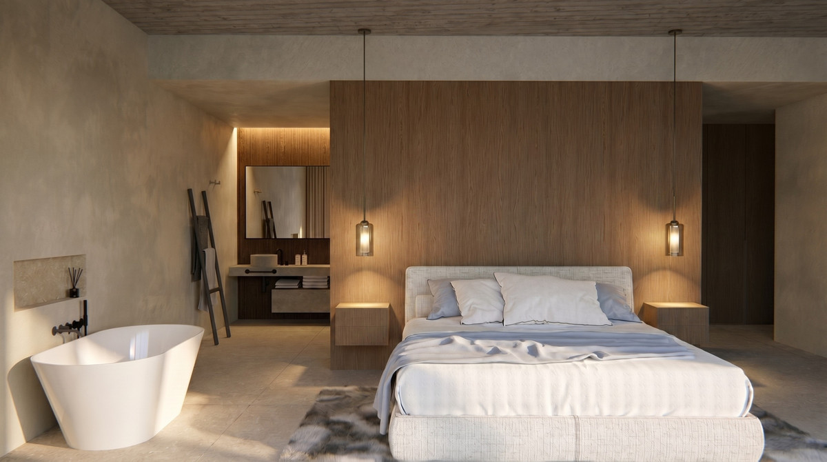 Villa Marvel – Benahavís - offenes Schlafzimmer mit freistehendem Bad, Holzkopfteil und Pendelleuchten