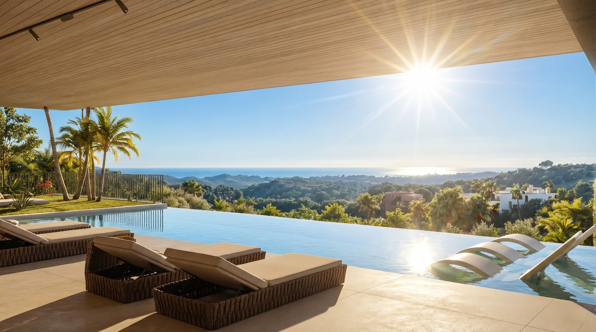 Villa Marvel – Benahavís - Infinity-Pool-Terrasse mit Panoramablick auf Meer und Hügel im strahlenden Sonnenschein