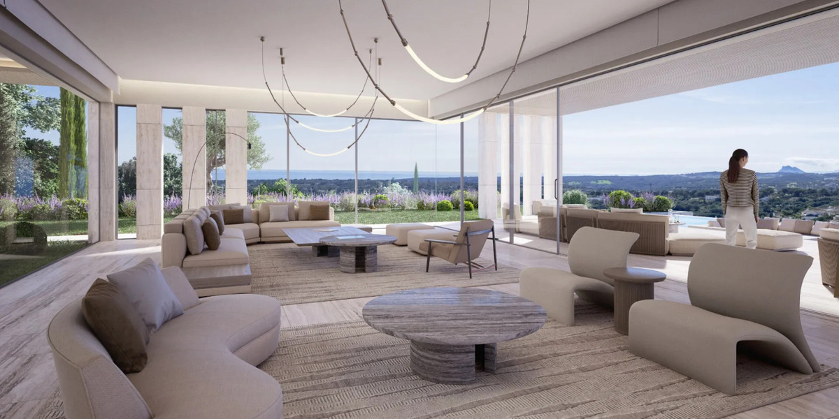 Villa Vida – the Fifteen – Sotogrande - panoramische open woonkamer met vloer-tot-plafond beglazing en weids landschapszicht