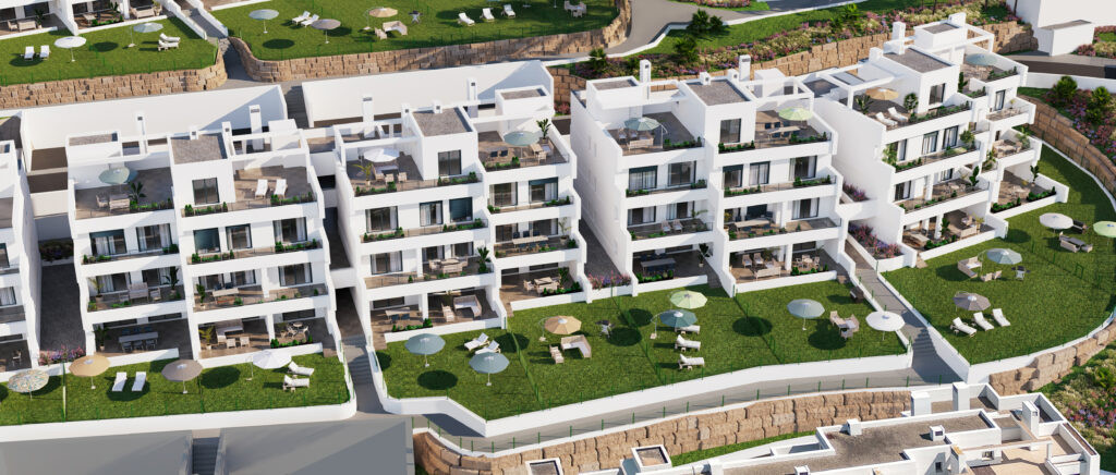 Aby Middle – Estepona - aerial view of white modern apartment complex with terraces and landscaped garden