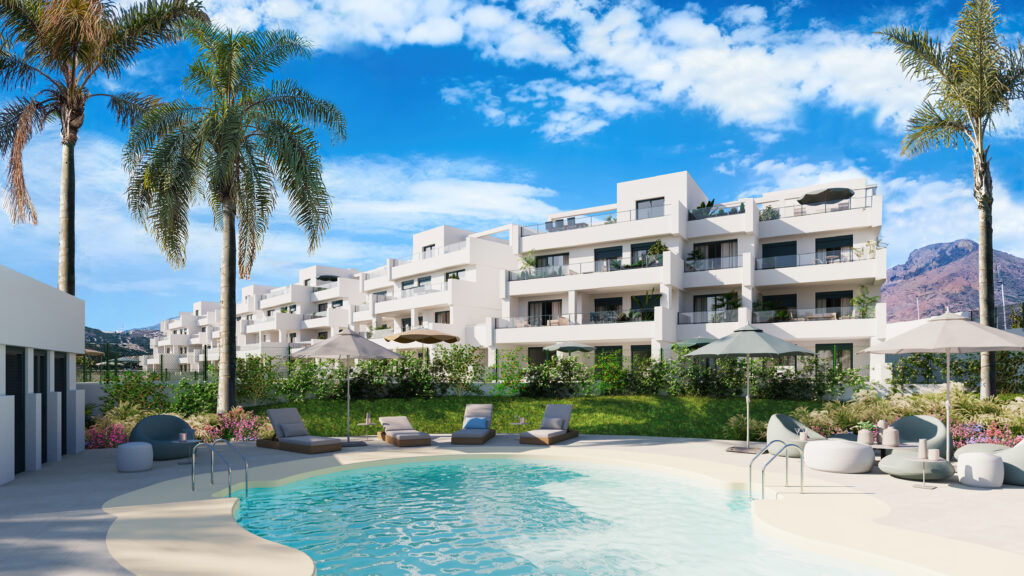 Aby Middle – Estepona - luxury residential complex with outdoor pool, palm trees and mountain backdrop